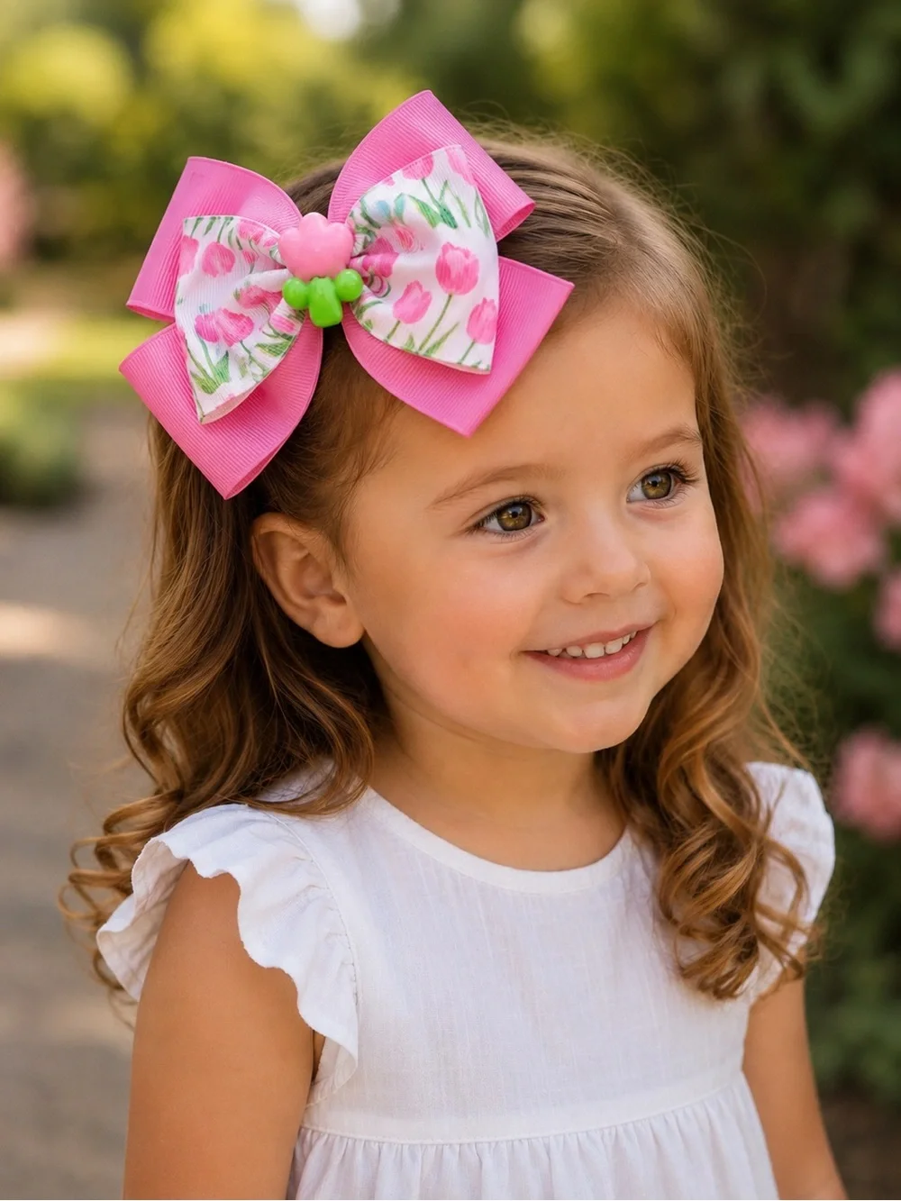 Girls Multicolor Floral Tulip Hair Bow Large Grosgrain Ribbon Alligator Clip